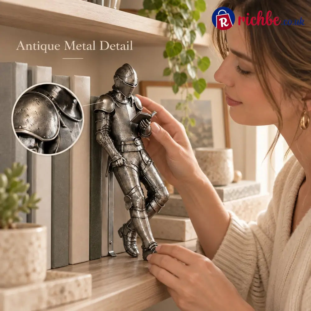 🛡️ Reading Knight Bookend Statue | Antique Metal Finish Bookshelf Guardian Novelty Decor Gift For Bibliophiles