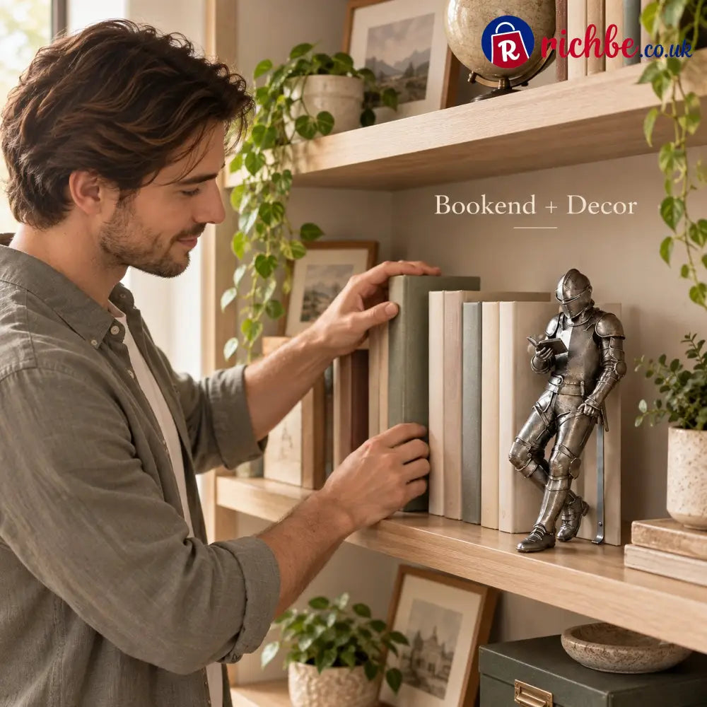 🛡️ Reading Knight Bookend Statue | Antique Metal Finish Bookshelf Guardian Novelty Decor Gift For Bibliophiles - S