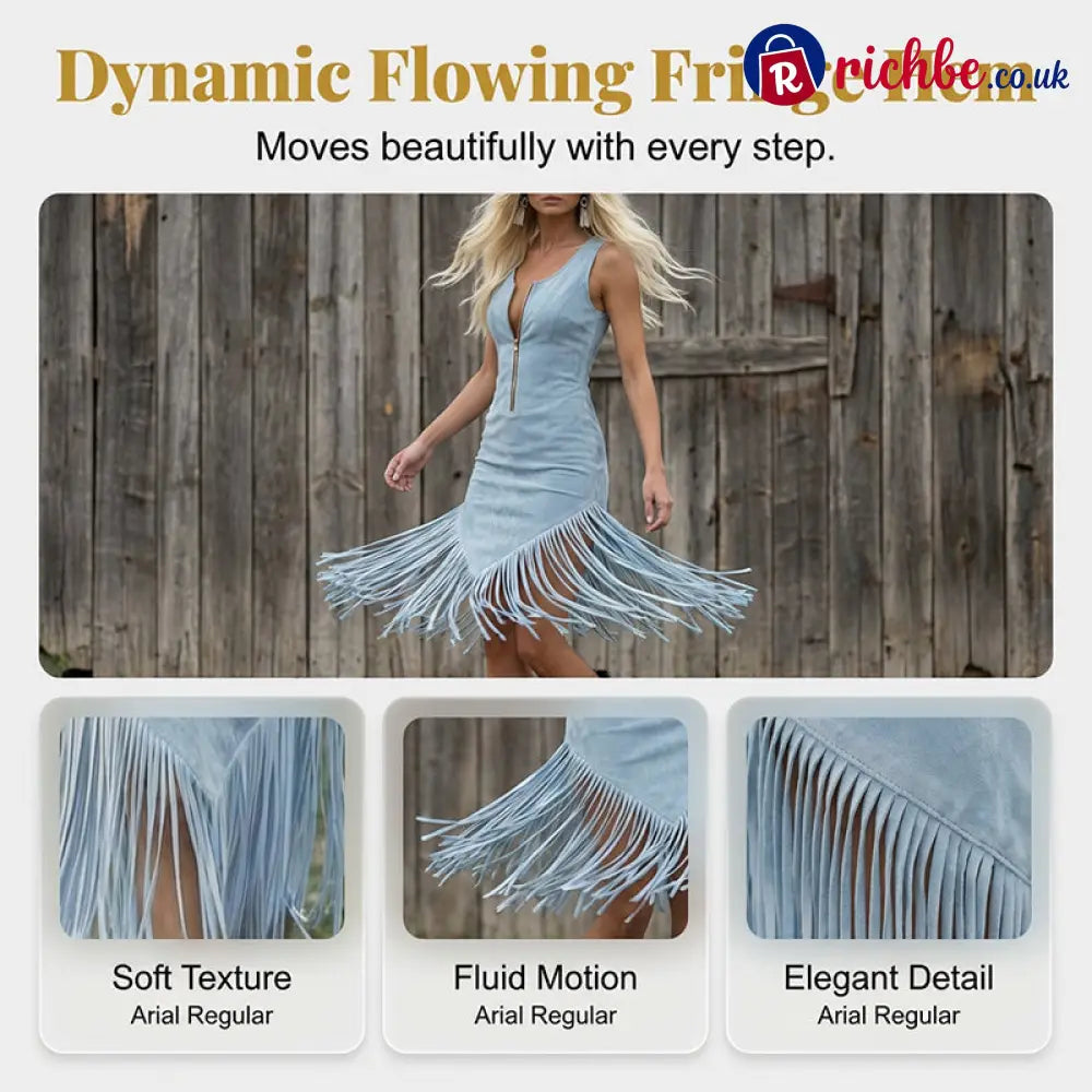 🤠 Retro Western Tassel Sleeveless Slim Dress – Fringe Hem Front Zipper Cowgirl Style 🌵 - Clothing & Accessories