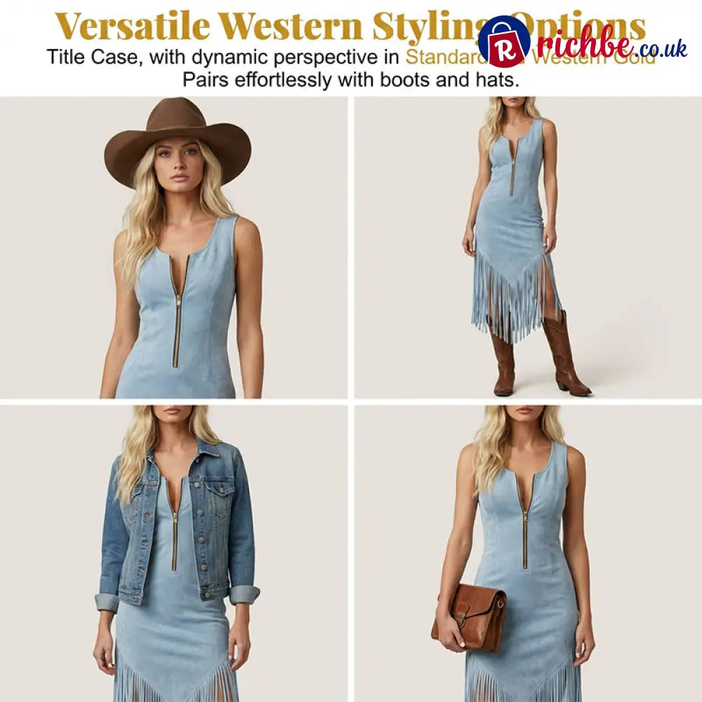🤠 Retro Western Tassel Sleeveless Slim Dress – Fringe Hem Front Zipper Cowgirl Style 🌵 - Clothing & Accessories