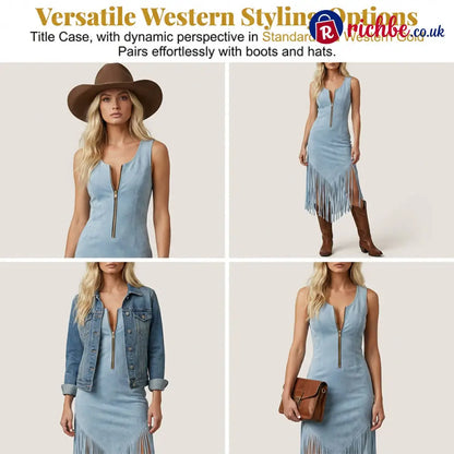 🤠 Retro Western Tassel Sleeveless Slim Dress – Fringe Hem Front Zipper Cowgirl Style 🌵 - Clothing & Accessories