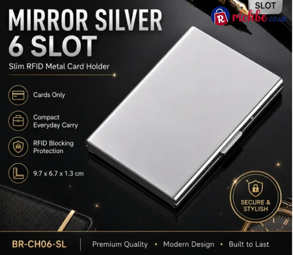 RFID Blocking Metal Card Holder - Mirror Silver / 6 Slot