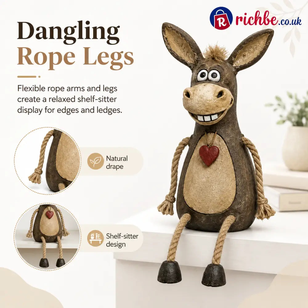 Rustic figurine of a donkey on a plank with rope legs hanging down