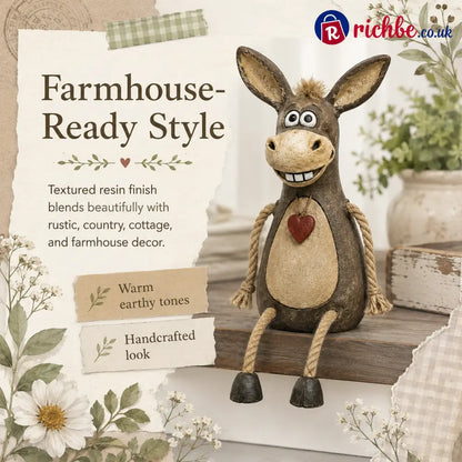 Rustic figurine of a donkey on a plank with rope legs hanging down