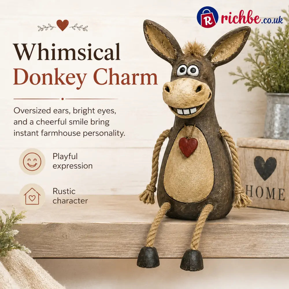 Rustic figurine of a donkey on a plank with rope legs hanging down