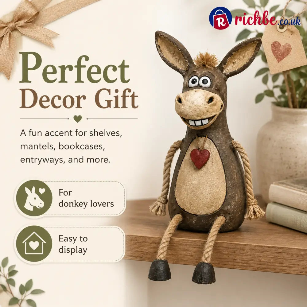 Rustic figurine of a donkey on a plank with rope legs hanging down
