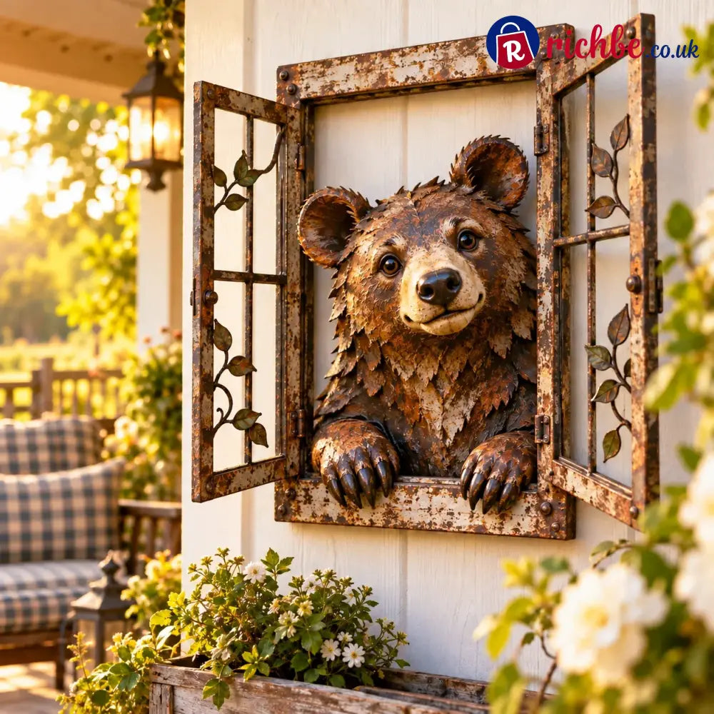 🪟 Rustic Peek-a-boo Animal Window - Handcrafted Iron Wall Art That Brings A Little Woodland Charm Home 🌿 - 🐻 Bear