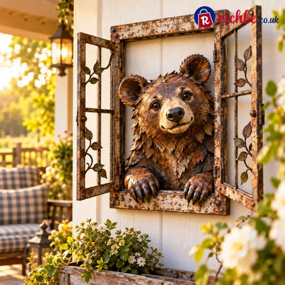 🪟 Rustic Peek-a-boo Animal Window - Handcrafted Iron Wall Art That Brings A Little Woodland Charm Home 🌿 - 🐻 Bear