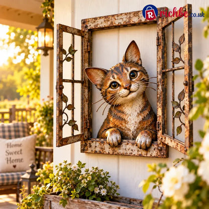 🪟 Rustic Peek-a-boo Animal Window - Handcrafted Iron Wall Art That Brings A Little Woodland Charm Home 🌿 - 🐱 Cat