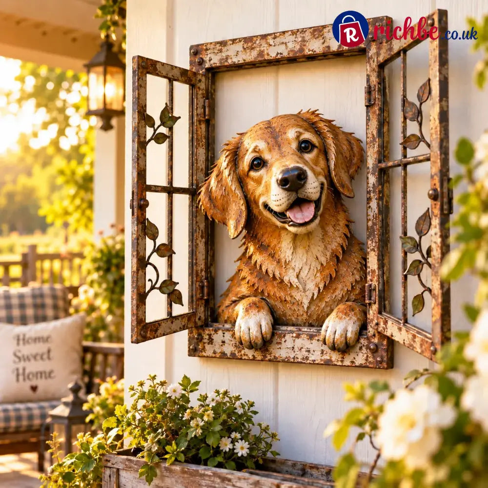 🪟 Rustic Peek-a-boo Animal Window - Handcrafted Iron Wall Art That Brings A Little Woodland Charm Home 🌿 - 🐶 Golden