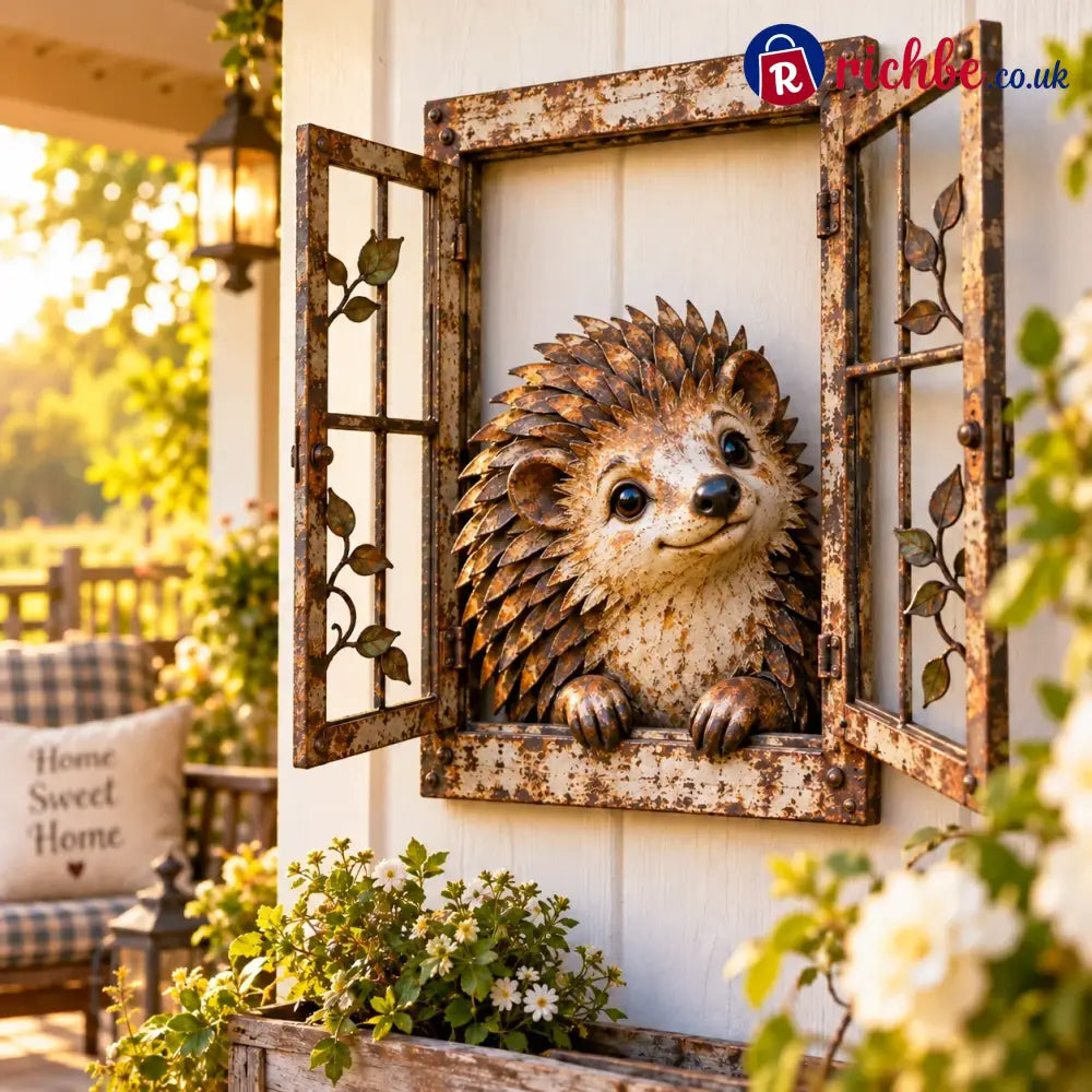 🪟 Rustic Peek-a-boo Animal Window - Handcrafted Iron Wall Art That Brings A Little Woodland Charm Home 🌿 - 🦔 Hedgehog