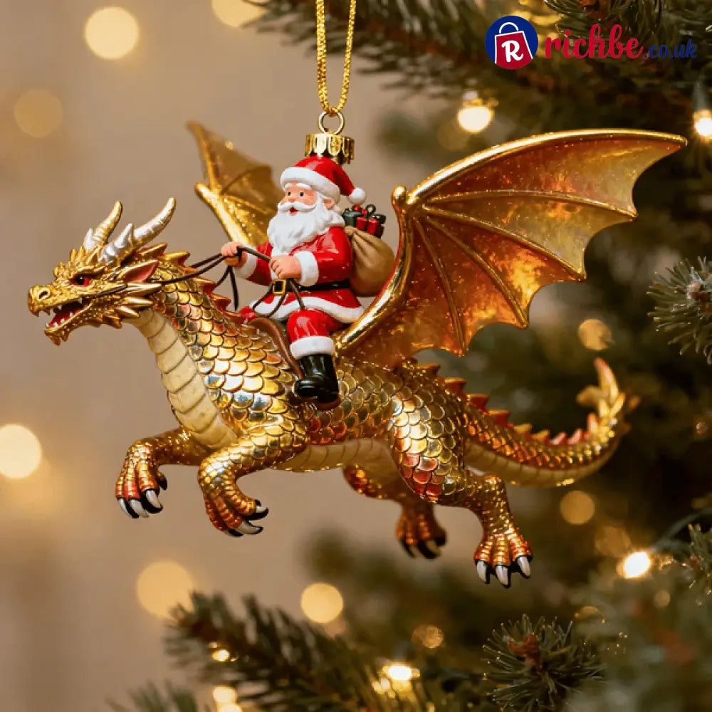 🐲🦖Santa Claus Riding a Dragon Ornament - Gold