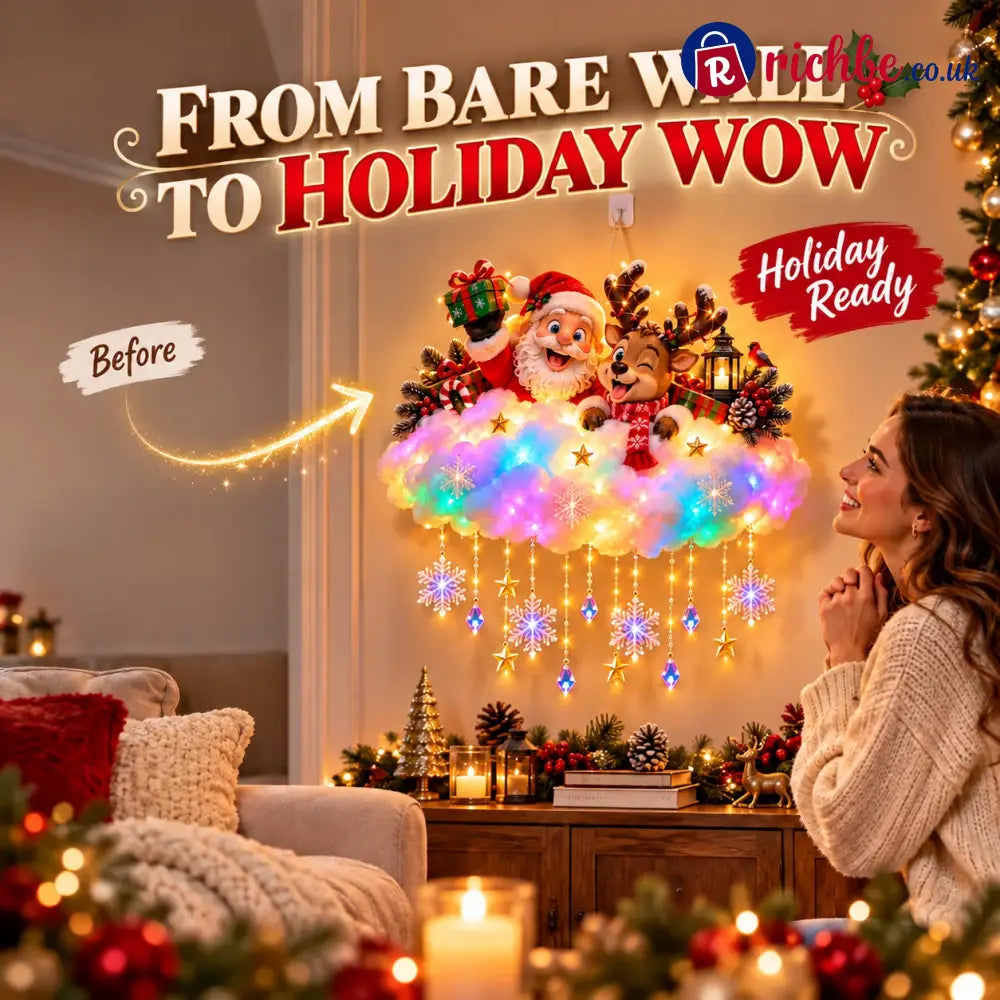 ✨ Santa & Reindeer Light-Up Christmas Cloud – A Holiday Story for Your Wall