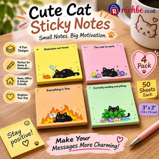 🐾 Sassy Black Cat Sticky Notes – 4 Funny 3’’ × 3’’ Memo Pads for Work School & Home