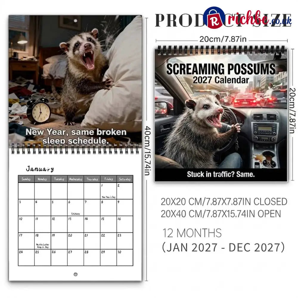🐾Screaming Possums 2027 Wall Calendar – 12-Month Funny Relatable Calendar - 2027 CALENDAR