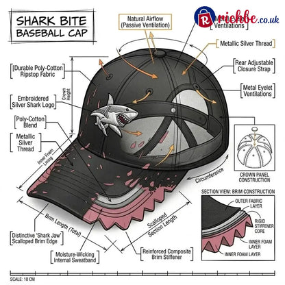 🦈 Shark Bite Baseball Cap | Embroidered Shark • Bite-Shaped Frayed Brim - All Collections