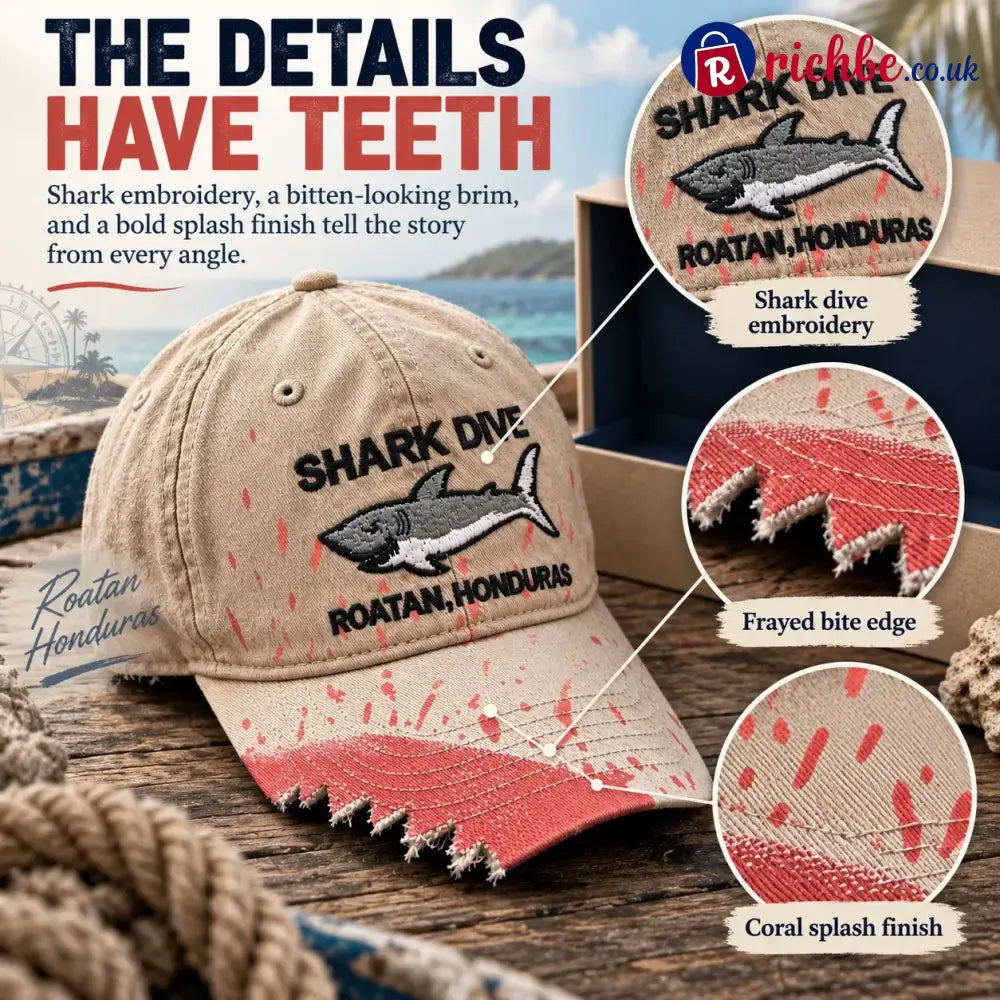 🦈 Shark Bite Baseball Cap | Embroidered Shark • Bite-Shaped Frayed Brim - All Collections