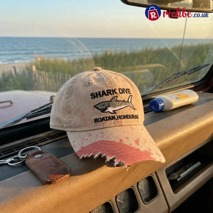 🦈 Shark Bite Baseball Cap | Embroidered Shark • Bite-Shaped Frayed Brim - All Collections