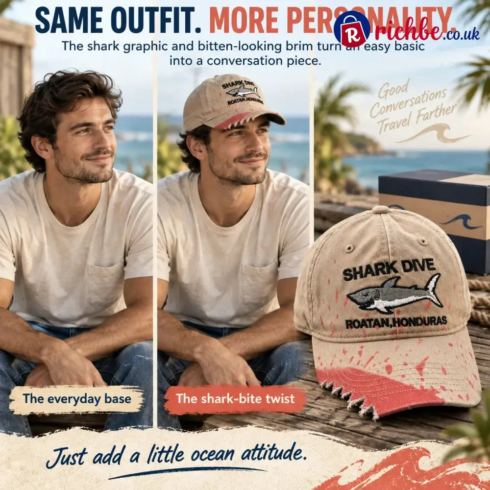 🦈 Shark Bite Baseball Cap | Embroidered Shark • Bite-Shaped Frayed Brim - All Collections
