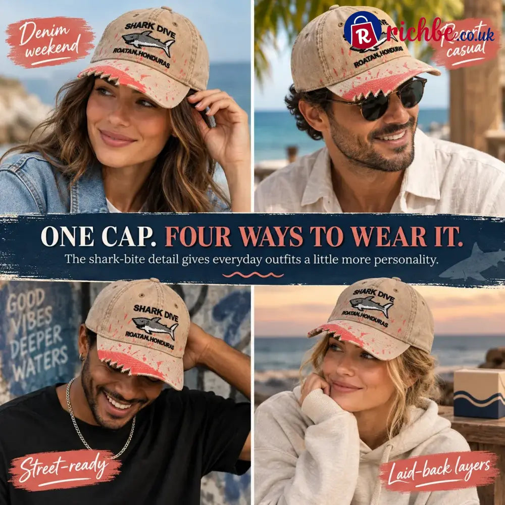 🦈 Shark Bite Baseball Cap | Embroidered Shark • Bite-Shaped Frayed Brim - All Collections