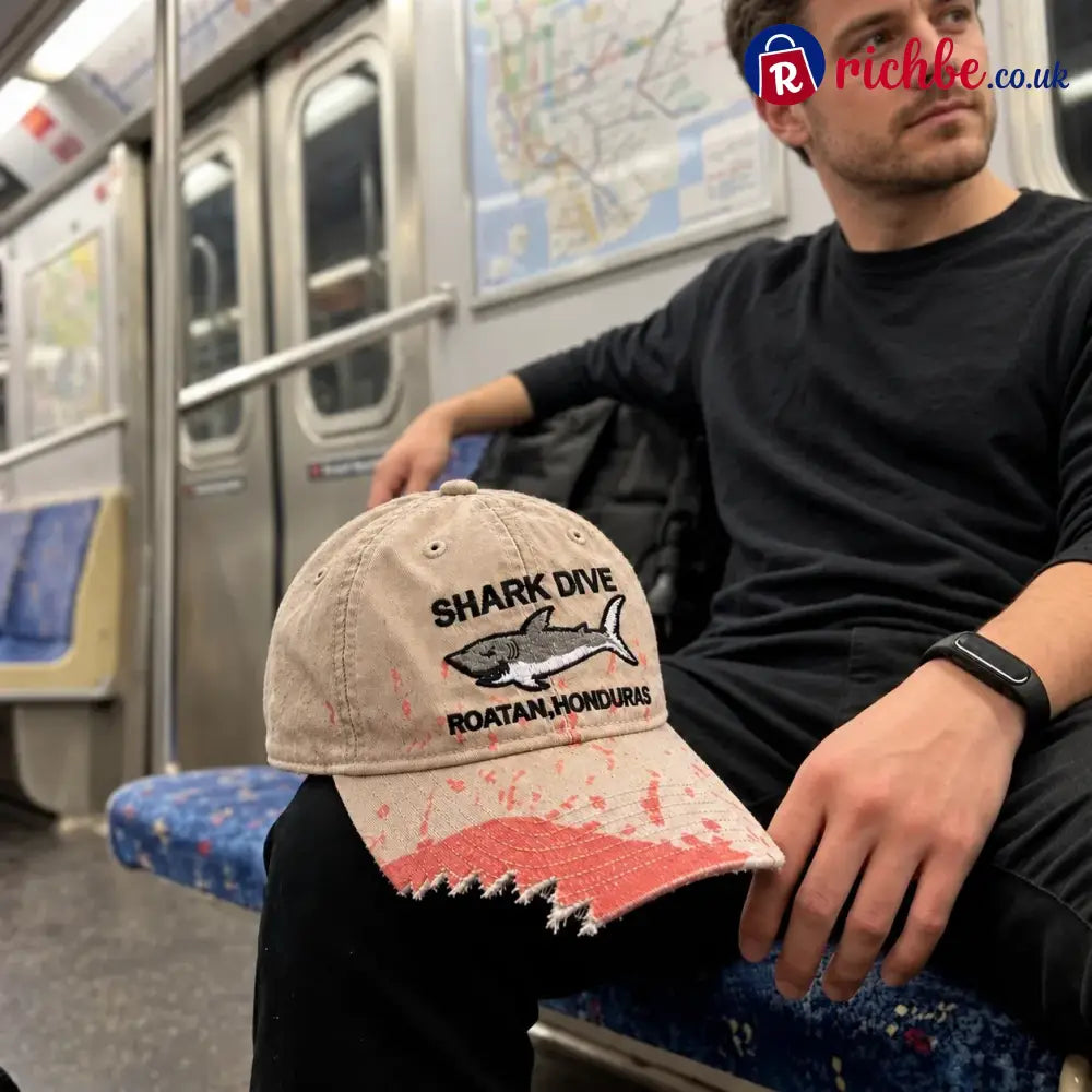 🦈 Shark Bite Baseball Cap | Embroidered Shark • Bite-Shaped Frayed Brim - All Collections
