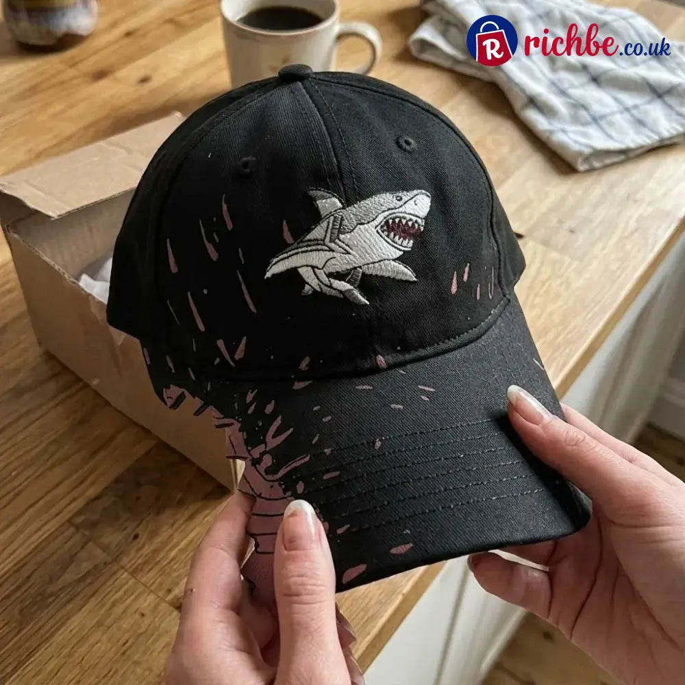 🦈 Shark Bite Baseball Cap | Embroidered Shark • Bite-Shaped Frayed Brim - Black - All Collections