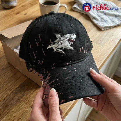 🦈 Shark Bite Baseball Cap | Embroidered Shark • Bite-Shaped Frayed Brim - Black - All Collections