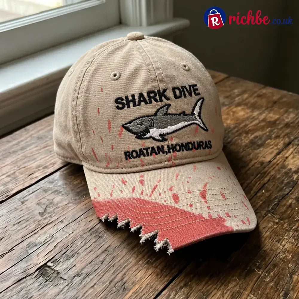 🦈 Shark Bite Baseball Cap | Embroidered Shark • Bite-Shaped Frayed Brim - Khaki - All Collections