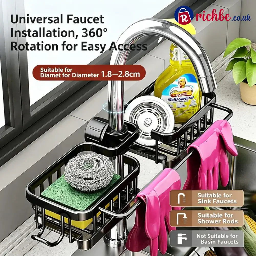 🧽Sink Organizer Rack,Hanging Faucet Drain Rack with Drip Tray Stainless Steel Detachable Sink Faucet Sponge Holder Over