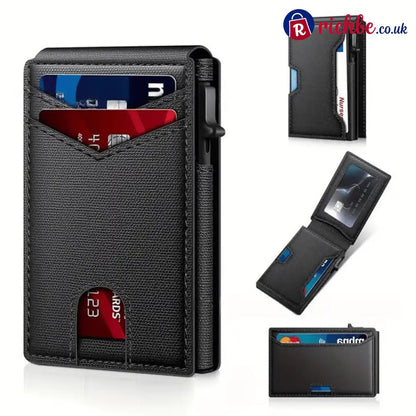💥🎁 Slim Wallet for Men with Pop-Up Aluminum Case RFID Blocking Minimalist Leather Bifold Card Holder - Black