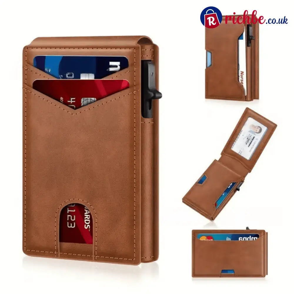 💥🎁 Slim Wallet for Men with Pop-Up Aluminum Case RFID Blocking Minimalist Leather Bifold Card Holder - Brown