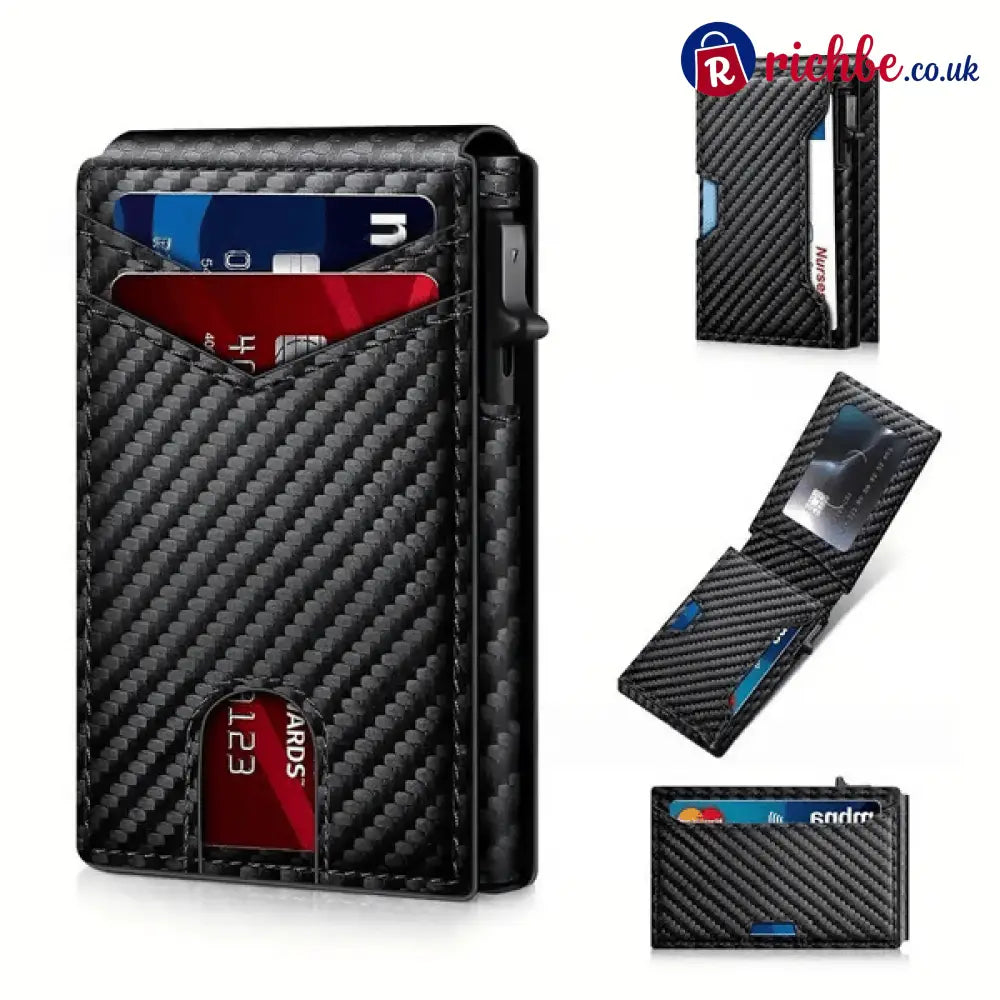 💥🎁 Slim Wallet for Men with Pop-Up Aluminum Case RFID Blocking Minimalist Leather Bifold Card Holder - 🔥Carbon