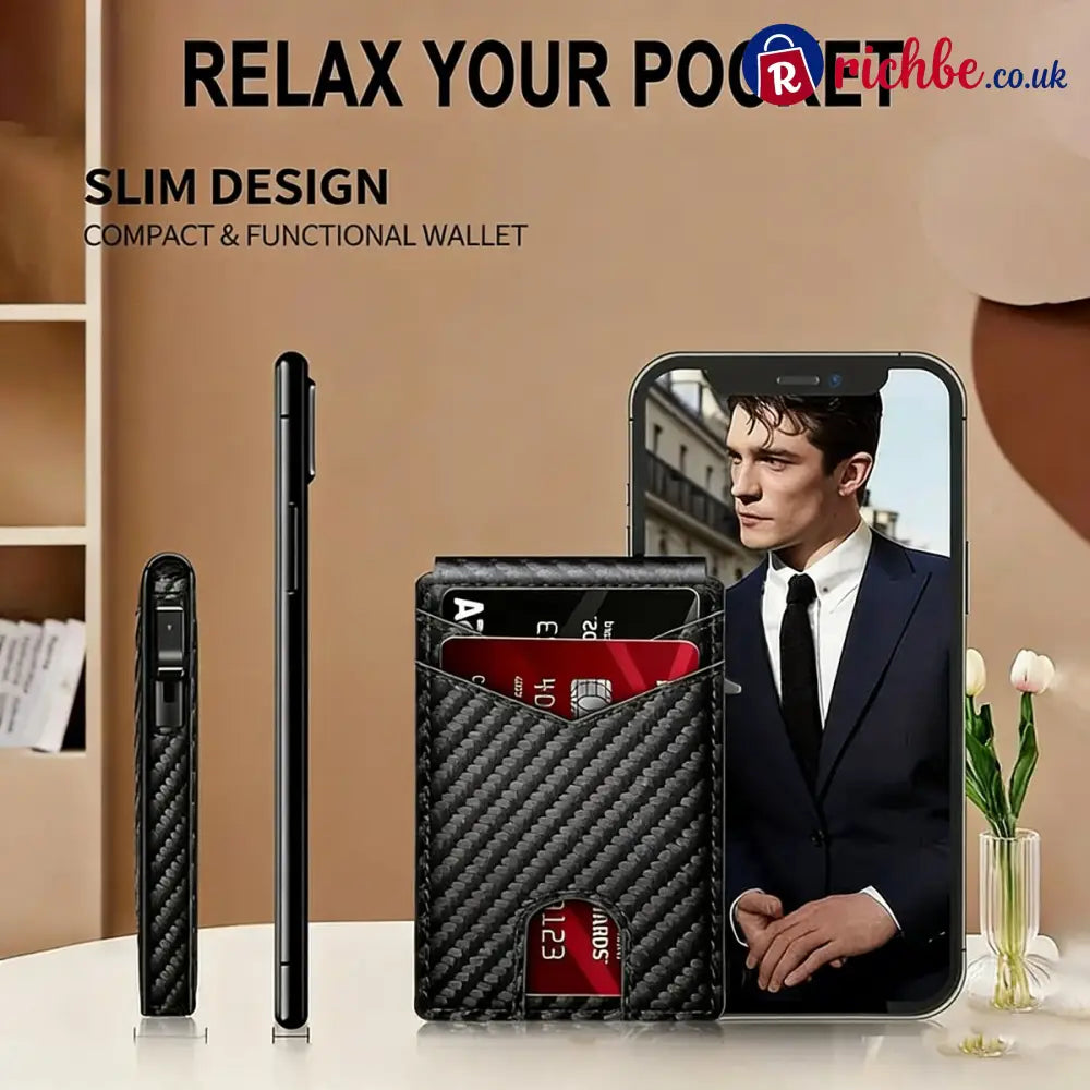 💥🎁 Slim Wallet for Men with Pop-Up Aluminum Case RFID Blocking Minimalist Leather Bifold Card Holder - Carbon & Black