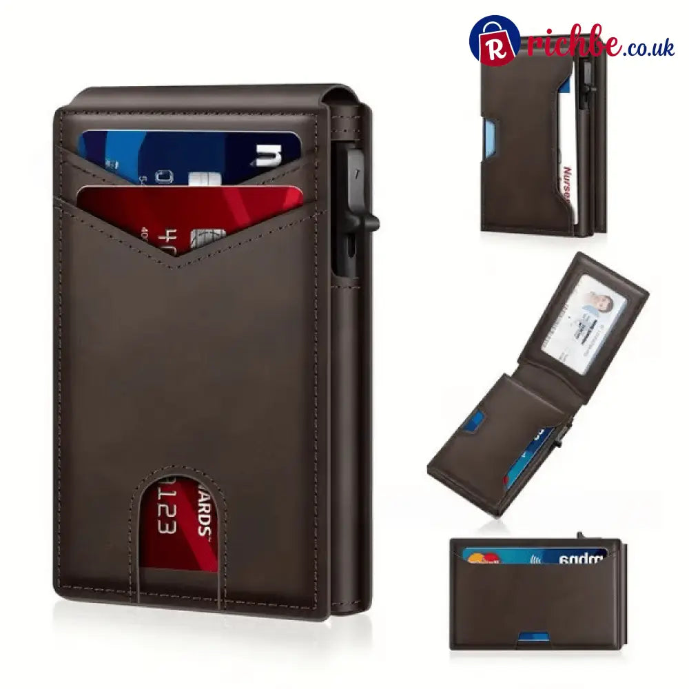 💥🎁 Slim Wallet for Men with Pop-Up Aluminum Case RFID Blocking Minimalist Leather Bifold Card Holder - Coffee