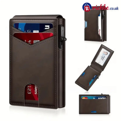 💥🎁 Slim Wallet for Men with Pop-Up Aluminum Case RFID Blocking Minimalist Leather Bifold Card Holder - Coffee