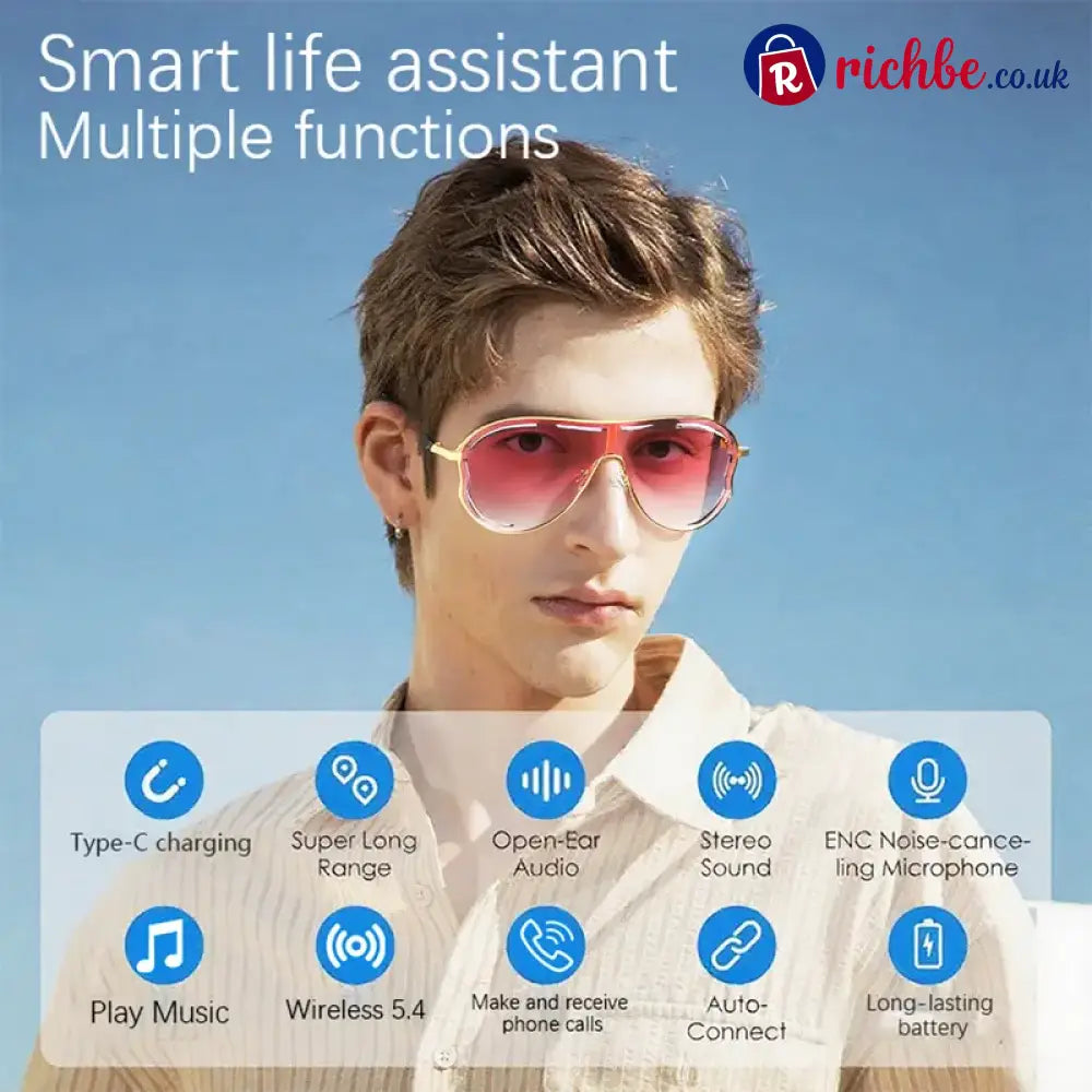 Smart Bluetooth 5.4 Audio Sunglasses – Open-Ear Wireless Music Glasses with UV Protection & Hands-Free Calling - Pink