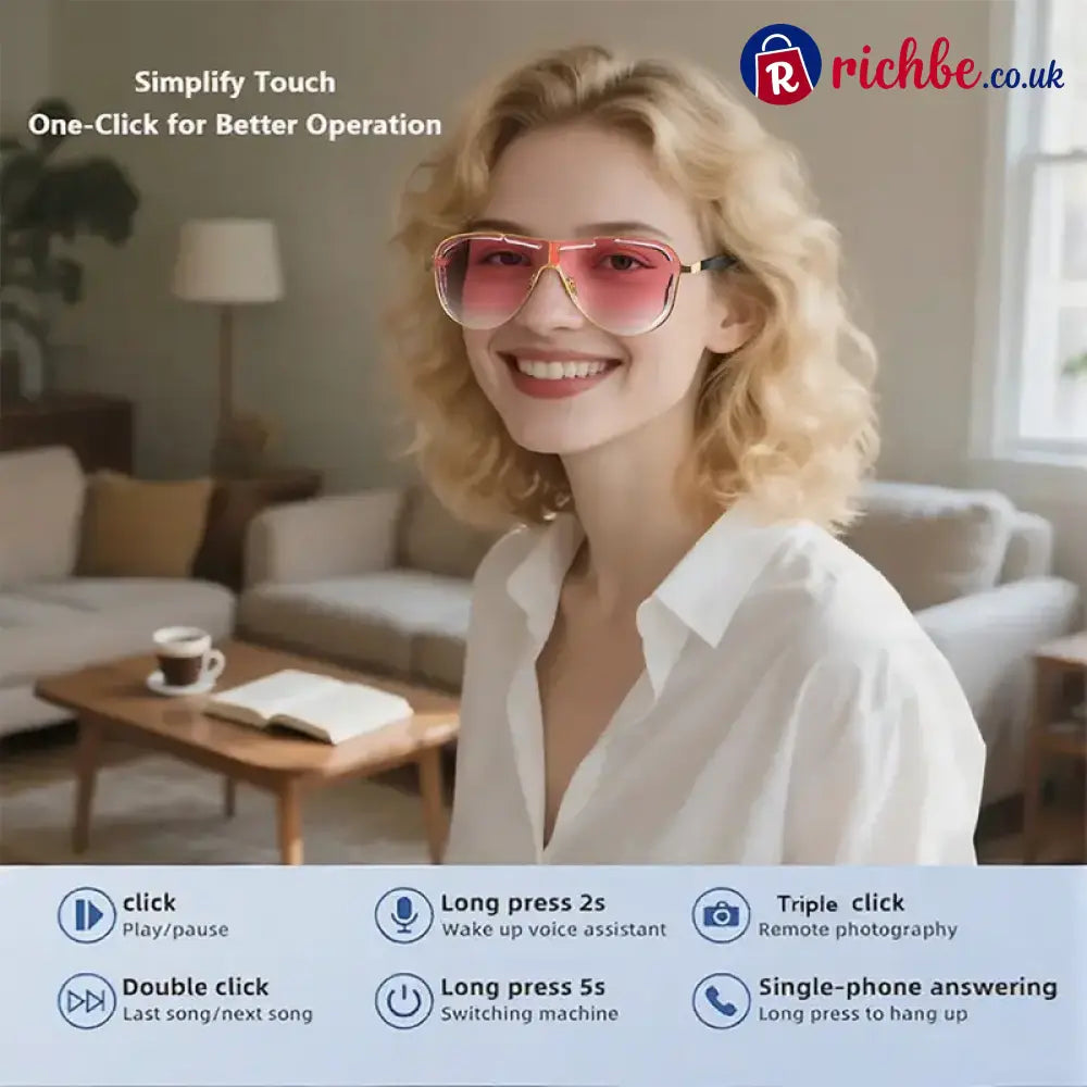 Smart Bluetooth 5.4 Audio Sunglasses – Open-Ear Wireless Music Glasses with UV Protection & Hands-Free Calling - Pink