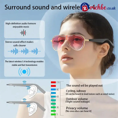 Smart Bluetooth 5.4 Audio Sunglasses – Open-Ear Wireless Music Glasses with UV Protection & Hands-Free Calling - Pink