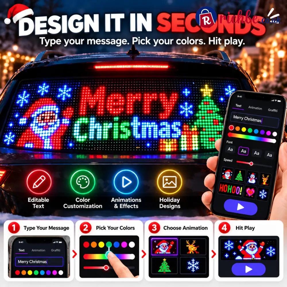 🎄 Smart LED Pixel Car Display, App-Controlled Custom Text Colors & Animations