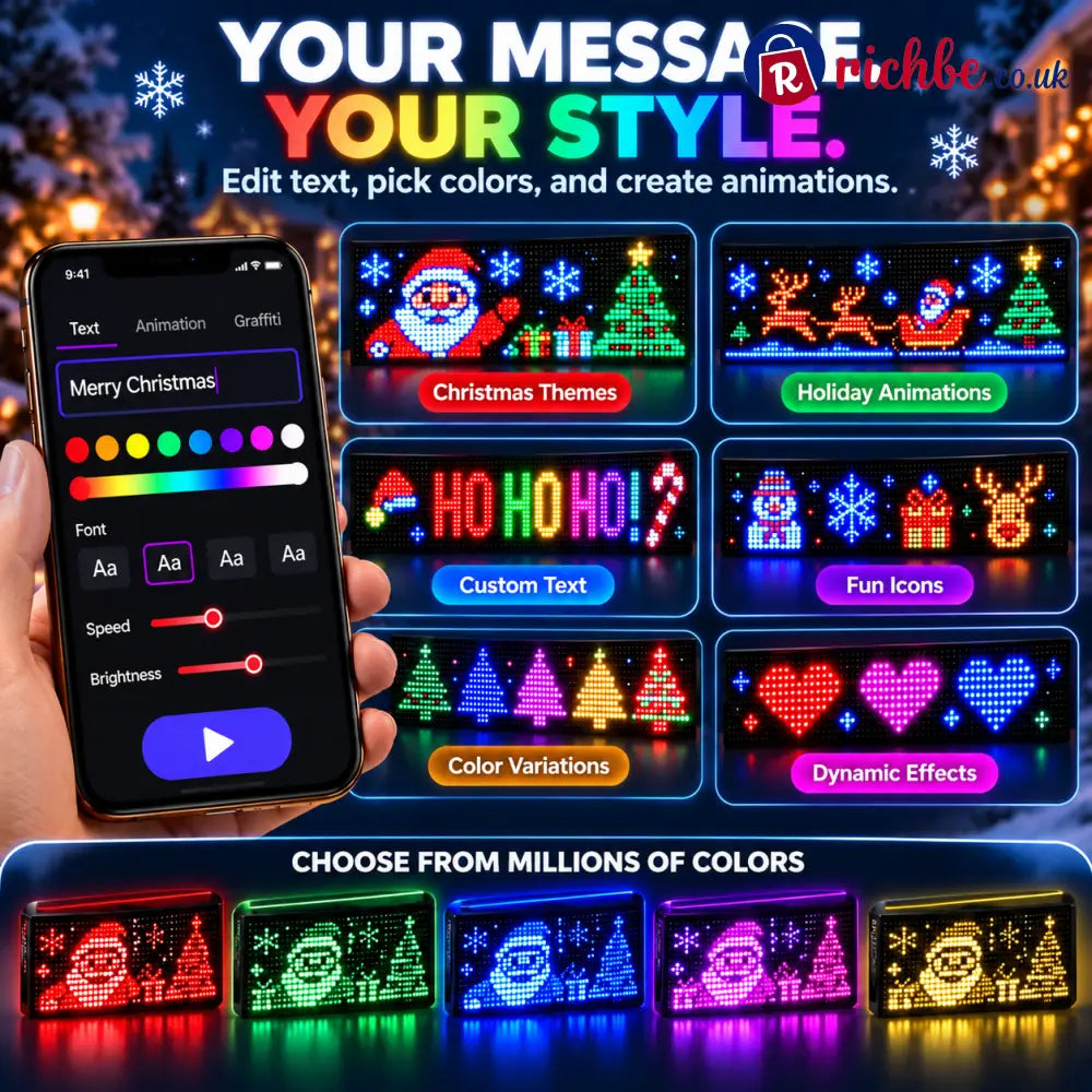 🎄 Smart LED Pixel Car Display, App-Controlled Custom Text Colors & Animations