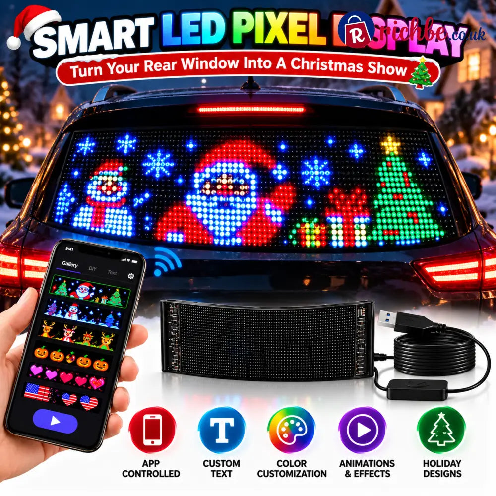 🎄 Smart LED Pixel Car Display, App-Controlled Custom Text Colors & Animations