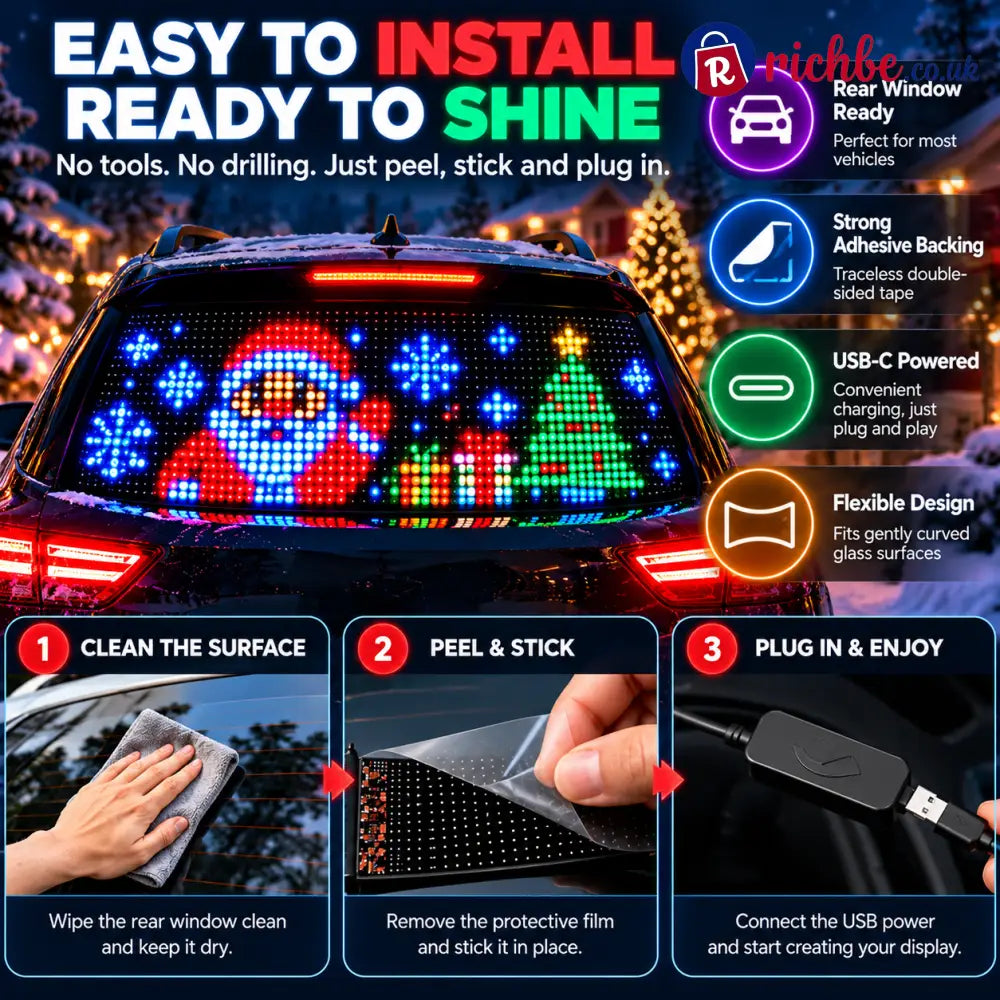 🎄 Smart LED Pixel Car Display, App-Controlled Custom Text Colors & Animations