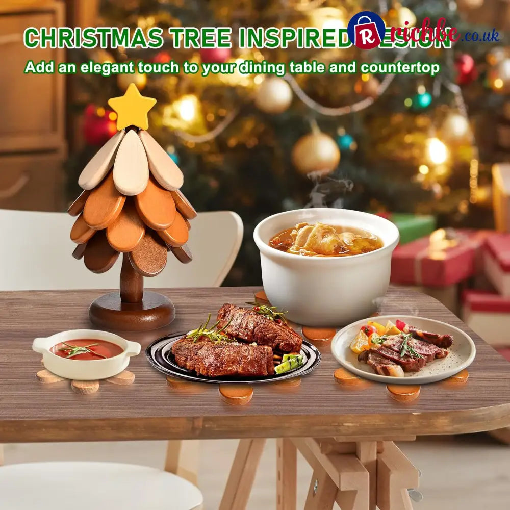 🪵 Solid Wood Heat Resistant Protect Table From Scalding - Tree Shaped Foldable Wooden Trivet🎄