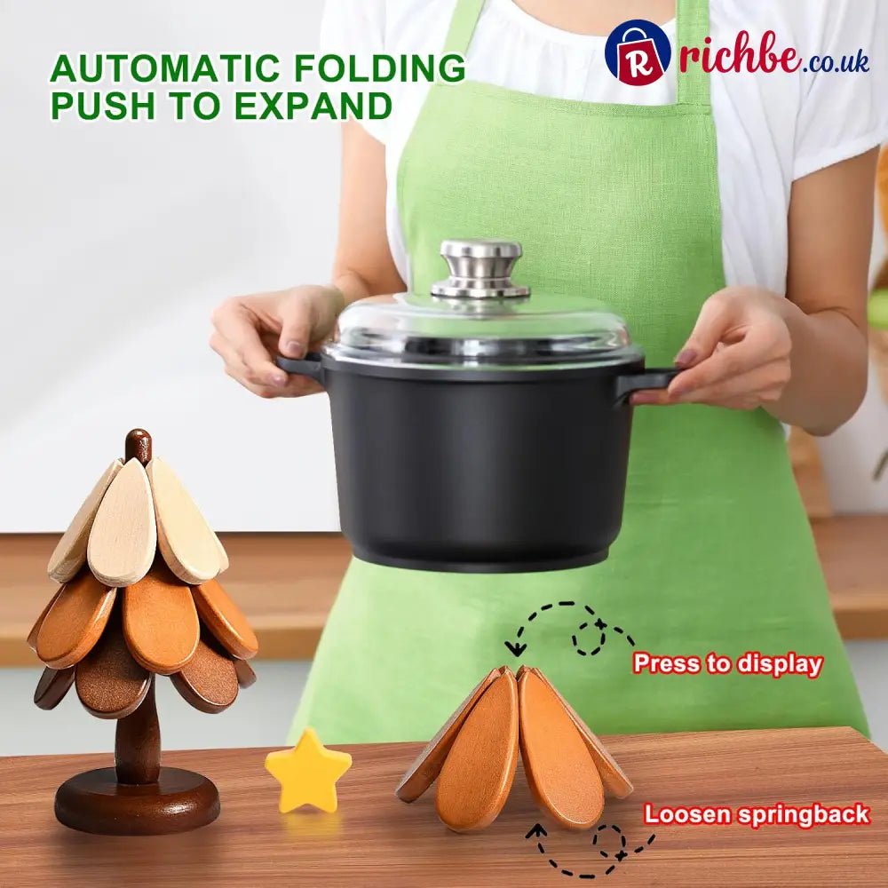 🪵 Solid Wood Heat Resistant Protect Table From Scalding - Tree Shaped Foldable Wooden Trivet🎄
