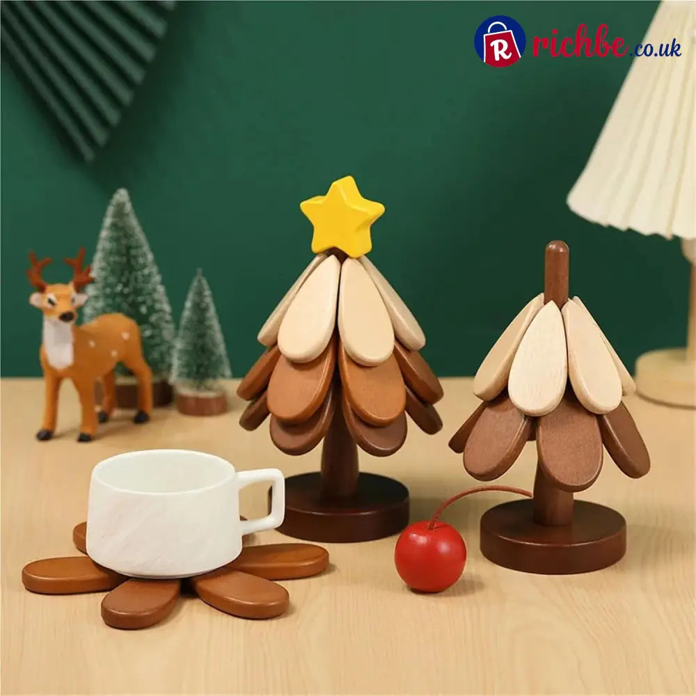 🪵 Solid Wood Heat Resistant Protect Table From Scalding - Tree Shaped Foldable Wooden Trivet🎄