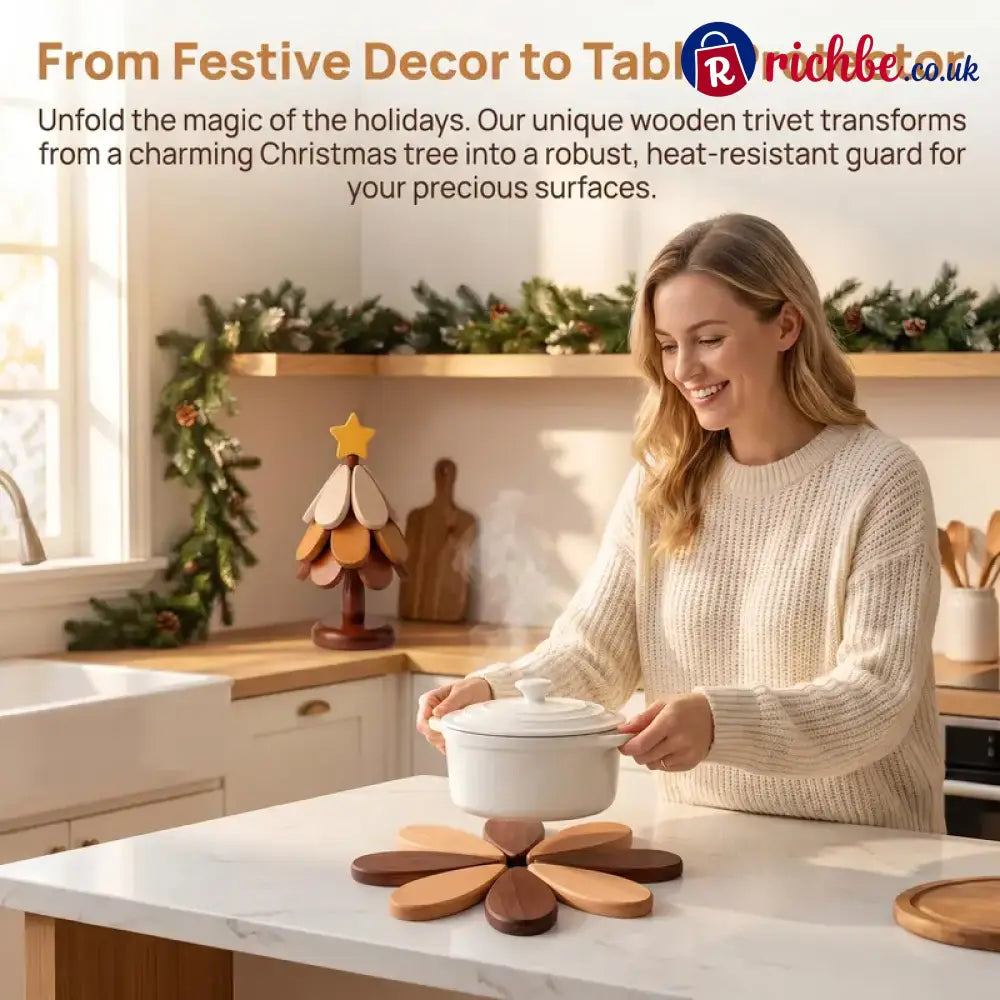 🪵 Solid Wood Heat Resistant Protect Table From Scalding - Tree Shaped Foldable Wooden Trivet🎄