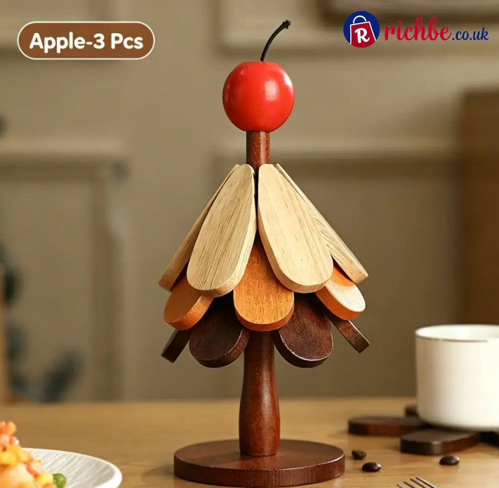 🪵 Solid Wood Heat Resistant Protect Table From Scalding - Tree Shaped Foldable Wooden Trivet🎄 - 🍎Apple / 🍃 3 Leaves