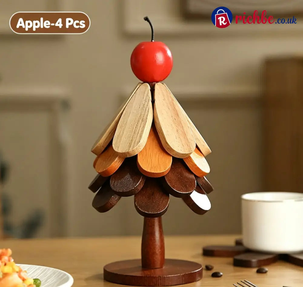 🪵 Solid Wood Heat Resistant Protect Table From Scalding - Tree Shaped Foldable Wooden Trivet🎄 - 🍎Apple / 🍃 4 Leaves
