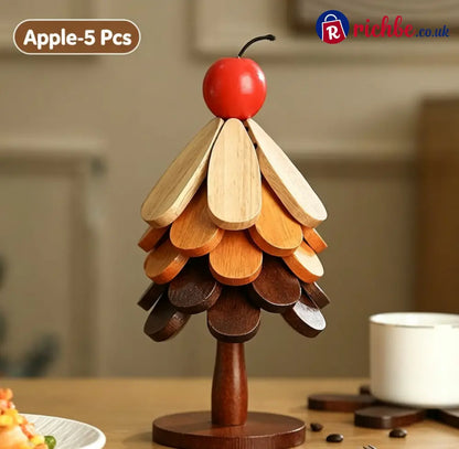 🪵 Solid Wood Heat Resistant Protect Table From Scalding - Tree Shaped Foldable Wooden Trivet🎄 - 🍎Apple / 🍃 5 Leaves