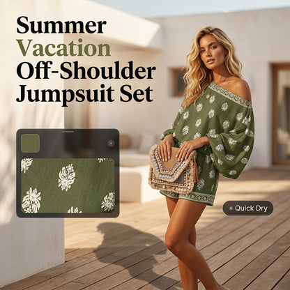 ✨ Bohemian Off-Shoulder Jumpsuit Set – Vintage Print, Vacation, Relaxed ✨